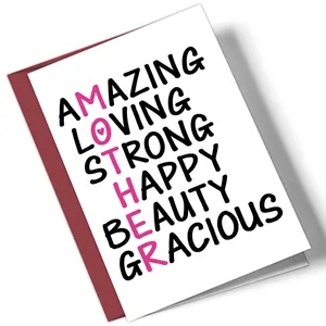 Mother's Day greeting card with pink MOTHER acrostic design and descriptive words