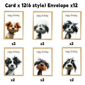 Set of 12 watercolor dog birthday cards with 6 cute puppy illustrations and kraft envelopes