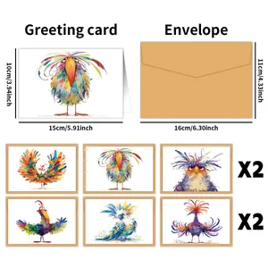 Detailed size specification for bird greeting cards and envelopes with floral artwork