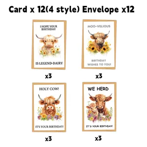 Watercolor Highland Cow Birthday Cards And Kraft Envelopes With Funny Animal Pun Floral Illustrations Greeting Card Gift