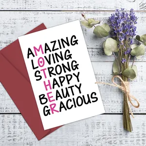 Mother's Day greeting card set with burgundy envelope and lavender on white wood