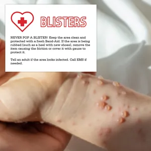 Detailed first aid card showing blister treatment steps and skin care guide
