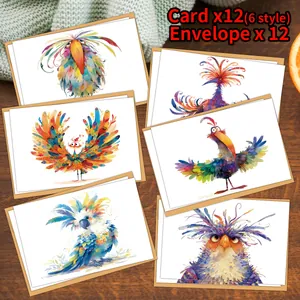 Flat lay of artistic bird illustration greeting cards and envelopes on wooden background
