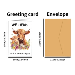 Watercolor highland cow birthday card set with brown envelopes and dimensions