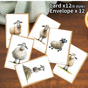 Lot de 12 cartes d'anniversaire mouton aquarelle avec enveloppes sur table bois