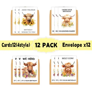 Set of 12 watercolor highland cow birthday cards with envelopes in four unique floral designs