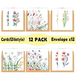 Set of 12 watercolor floral birthday cards with envelopes in 6 assorted botanical styles