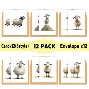 Lot de 12 cartes d'anniversaire animaux aquarelle avec 6 motifs de mouton et enveloppes