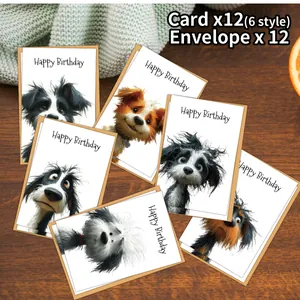 Set of 12 watercolor dog birthday cards with botanical motifs and kraft envelopes