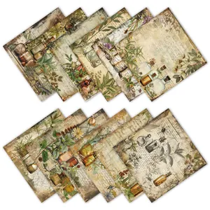 Macro detail of 12 vintage floral scrapbooking papers with botanical and cursive designs