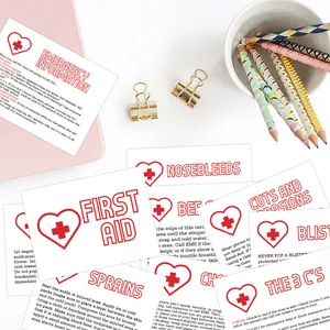 Detailed first aid instruction cards for nosebleeds and sprains with clear English steps
