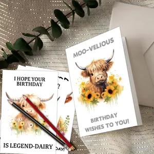 Watercolor Highland Cow birthday cards set with sunflowers and matching white envelopes
