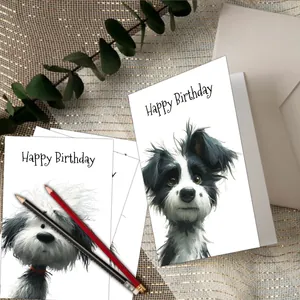 Watercolor birthday card with hand-painted dog illustration and white envelope