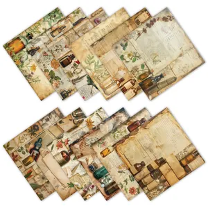 Detailed view of vintage floral scrapbooking paper with antique bottle and botanical patterns