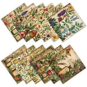 Flat lay of 12 vintage floral decorative papers with botanical prints for scrapbooking