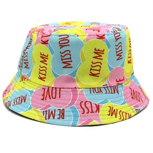 Women Men Summer Heart Print Bucket Hat Cotton Blend Foldable Sun Protection Fisherman Cap Outdoor Travel Beach Sunshade Hat
