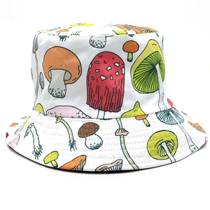 Unisex reversible bucket hat with colorful mushroom prints on high-quality white canvas