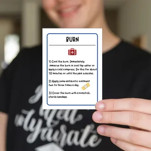 First aid guide card for burns treatment with 3-step instructions in portable size