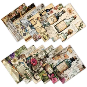 Macro detail of vintage floral scrapbooking paper with retro bottles and butterflies