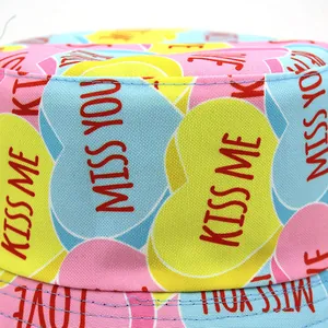 Colorful bucket hat with heart prints and romantic slogans like LOVE for outdoor casual wear