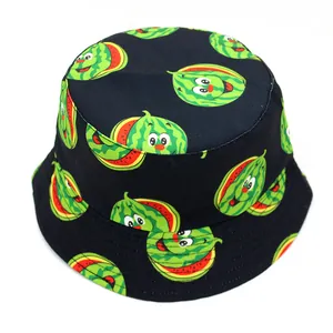 Fashionable black bucket hat with cartoon watermelon pattern for outdoor sun protection