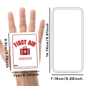 First aid handbook cards with 9.6x7cm size specs and red first aid handbook logo design