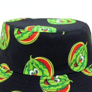 Black bucket hat with cartoon watermelon pattern and personalized smile emoji print