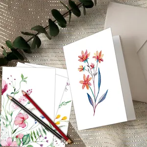 Set of 12 watercolor floral birthday greeting cards with elegant white envelopes