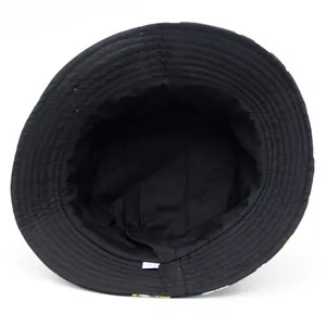 Detail of black reversible bucket hat showing inner lining and reinforced brim stitching