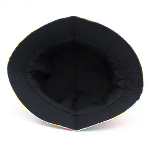 Unisex bucket hat with colorful abstract print and black lining for outdoor sun protection
