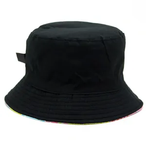 Black cotton bucket hat with colorful heart print lining and casual outdoor style