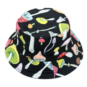 Reversible bucket hat with colorful mushroom print on a black background for outdoor wear