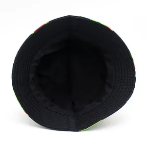 Fashionable watermelon print bucket hat with green patterned exterior and black lining