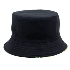 Classic black cotton bucket hat with colorful watermelon pattern lining and stitched brim