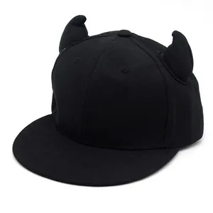 Black devil horns flat brim baseball cap made of cotton twill for outdoor wear