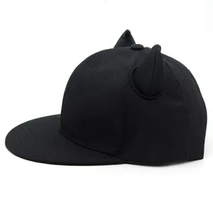 Black baseball cap with devil horns features a creative flat brim and cotton twill fabric
