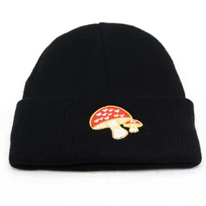 Mushroom Embroidery Acrylic Knit Beanie Winter Warm Outdoor Hat For Women Men Black Casual Streetwear Fashion Accessory