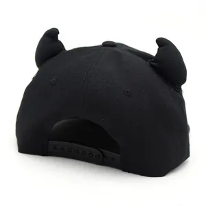 Black baseball cap with 3D devil horns and adjustable snapback closure back view