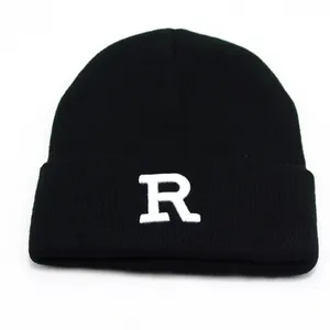 Unisex Winter Warm Knit Beanie Hat With Letter R Embroidery Soft Acrylic Outdoor Casual Ribbed Cuff Toboggan Cap For Men Women