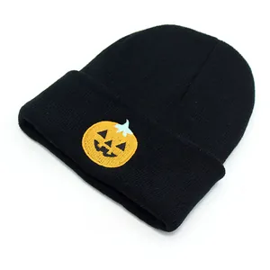 Halloween black knit beanie with yellow pumpkin embroidery for autumn winter warmth