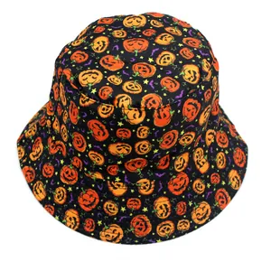 Halloween bucket hat with pumpkin, star, and bat patterns on black polyester fabric
