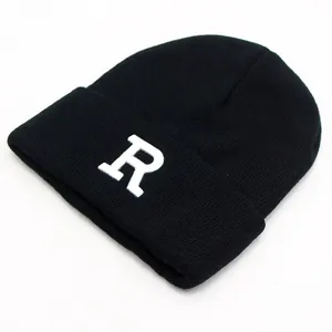 Classic black knitted beanie with white letter R embroidery for outdoor warmth