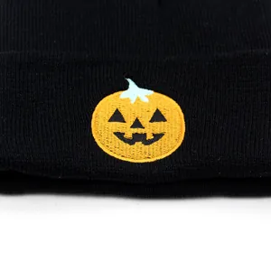 Knitted beanie with Halloween pumpkin embroidery for winter warmth and outdoor style