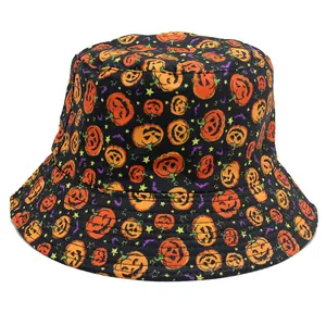 Halloween bucket hat with orange pumpkin and purple bat patterns on black cotton fabric