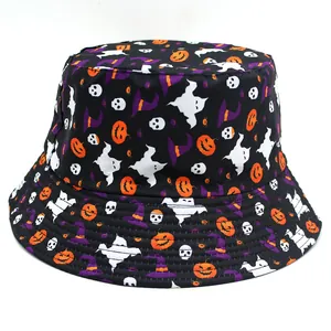 Halloween Pumpkin Ghost Skull Printed Bucket Hat Unisex Polyester Outdoor Sun Protection Festival Party Fisherman Hat