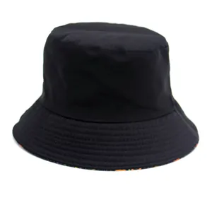 Black bucket hat with Halloween pumpkin ghost print lining and stitched wide brim