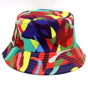 Colorful reversible bucket hat with multi-color geometric abstract print for sun protection