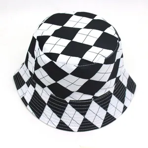 Reversible black and white checkerboard bucket hat with classic plaid pattern print