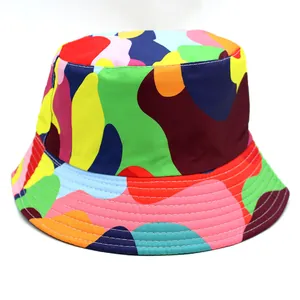 Colorful camouflage bucket hat with multi-color abstract patterns for outdoor sun protection