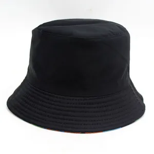 Classic black cotton bucket hat for outdoor sun protection with colorful printed lining